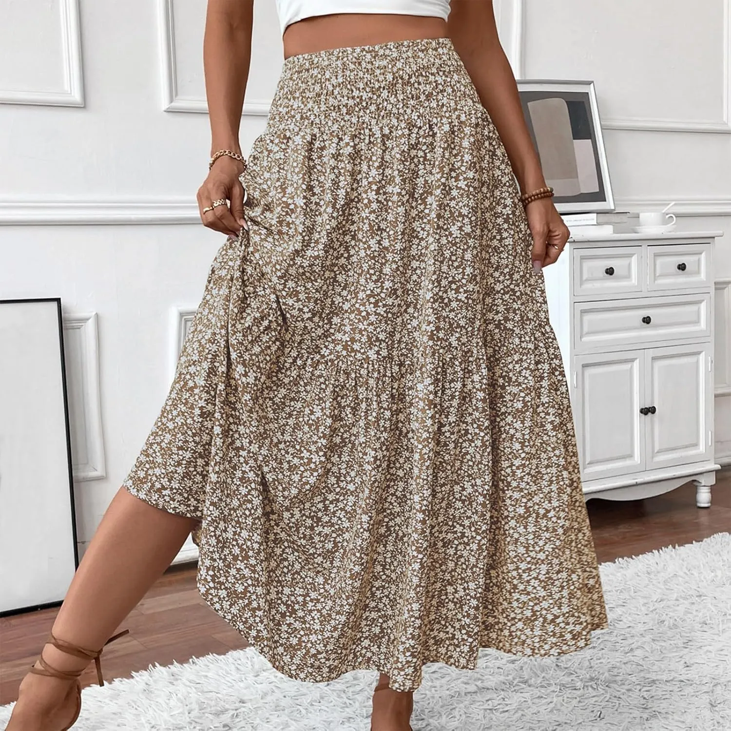 Skirts for Women Midi Length Women's Boho Floral Print Elastic High Waisted Swing A-Line Tiered Summer Beach Skirt