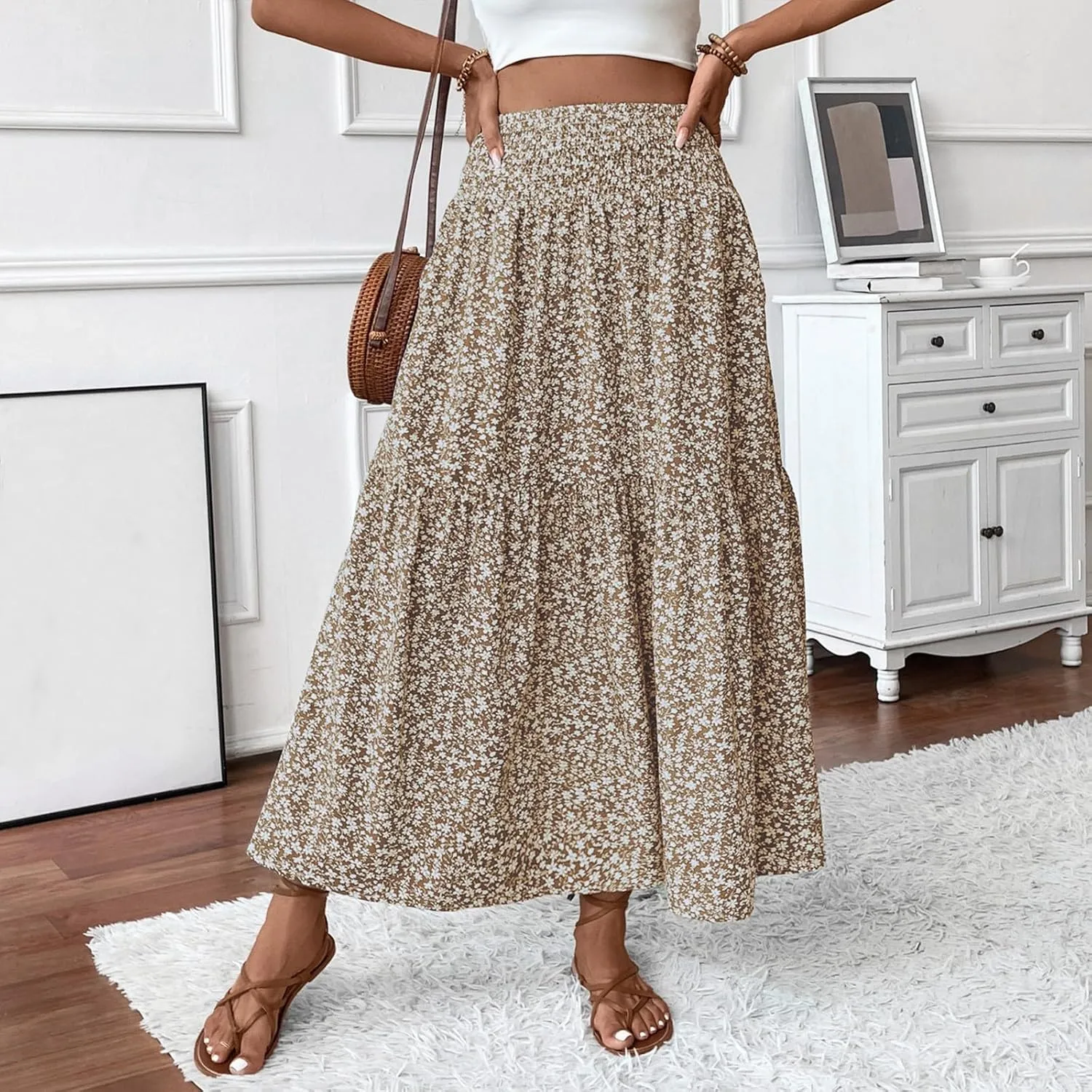 Skirts for Women Midi Length Women's Boho Floral Print Elastic High Waisted Swing A-Line Tiered Summer Beach Skirt