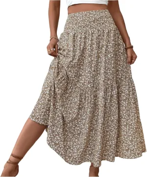 Skirts for Women Midi Length Women's Boho Floral Print Elastic High Waisted Swing A-Line Tiered Summer Beach Skirt