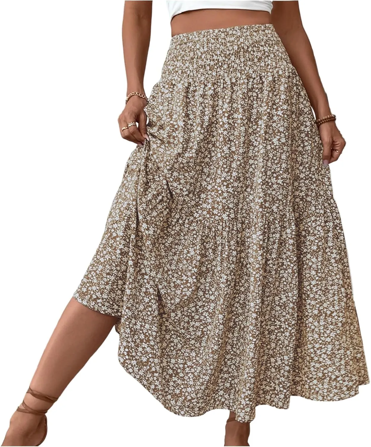 Skirts for Women Midi Length Women's Boho Floral Print Elastic High Waisted Swing A-Line Tiered Summer Beach Skirt