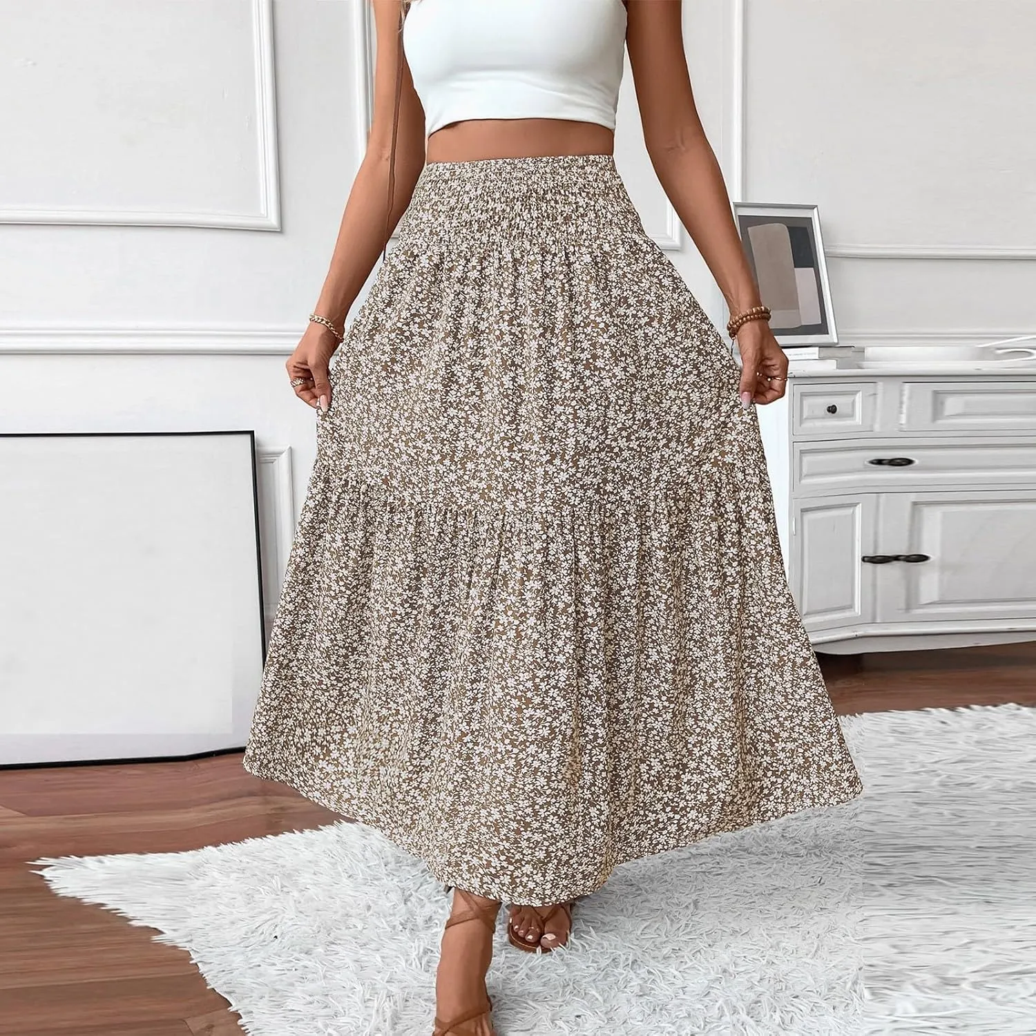 Skirts for Women Midi Length Women's Boho Floral Print Elastic High Waisted Swing A-Line Tiered Summer Beach Skirt
