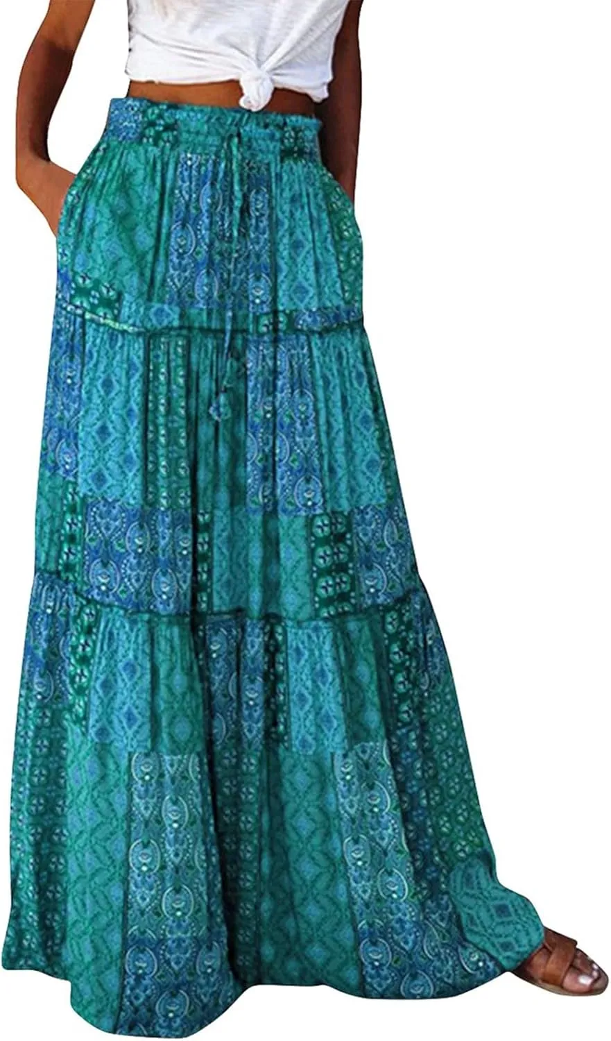 Skirts for Women,Flowy Long Skirts 2025 Pleated Womens Boho Maxi Skirt with Pockets Elastic High Waisted Summer