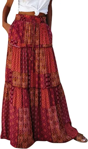 Skirts for Women,Trendy Womens Boho Maxi Skirt with Pockets Linen Flowy Long Skirts 2025 Elastic High Waisted