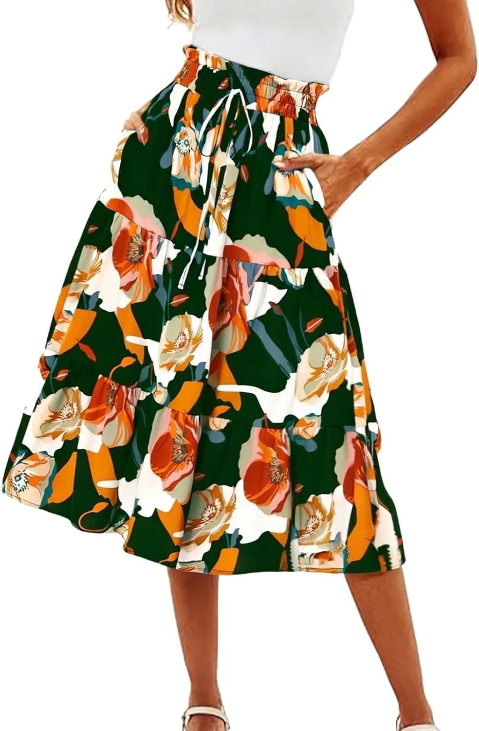 Skirts for Women,Womens Boho Maxi Skirt with Pockets Elastic High Waisted Trendy Flowy Long Skirts 2025 Linen