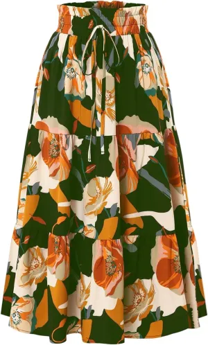 Skirts for Women,Womens Boho Maxi Skirt with Pockets Elastic High Waisted Trendy Flowy Long Skirts 2025 Linen