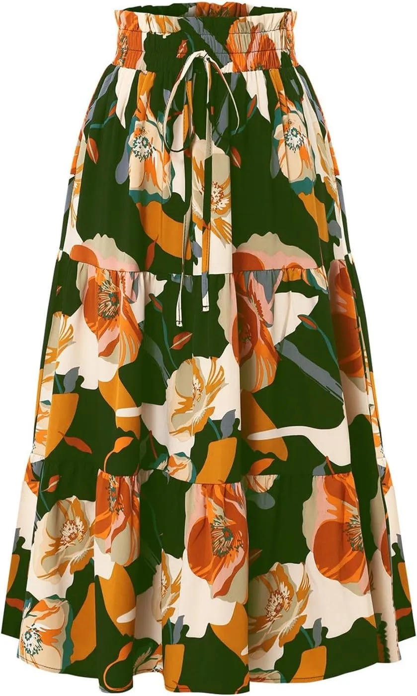 Skirts for Women,Womens Boho Maxi Skirt with Pockets Elastic High Waisted Trendy Flowy Long Skirts 2025 Linen