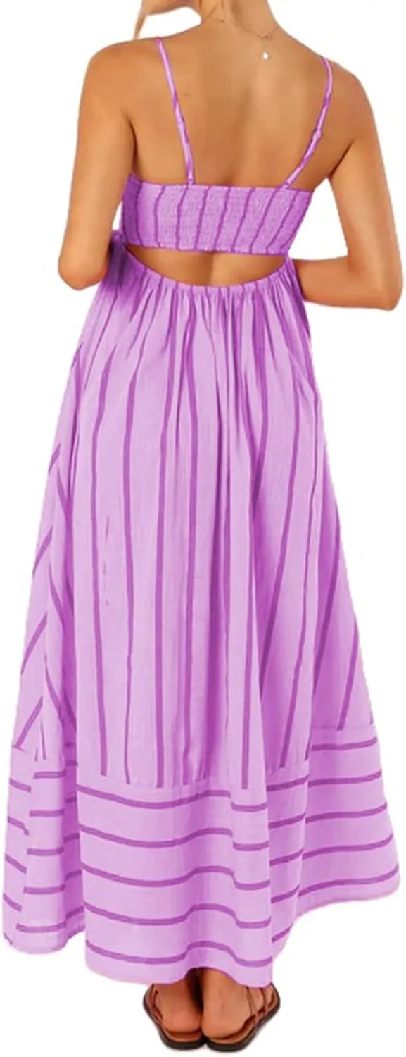 Smocked Dress Women Midi Striped Summer Maxi Dresses Sexy Spaghetti Strap Sleeveless Flowy Swing Boho Cutout Beach