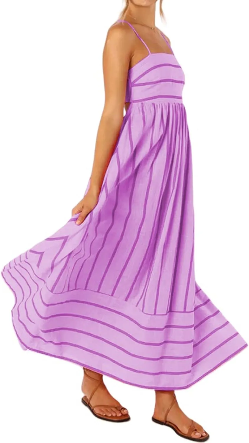 Smocked Dress Women Midi Striped Summer Maxi Dresses Sexy Spaghetti Strap Sleeveless Flowy Swing Boho Cutout Beach