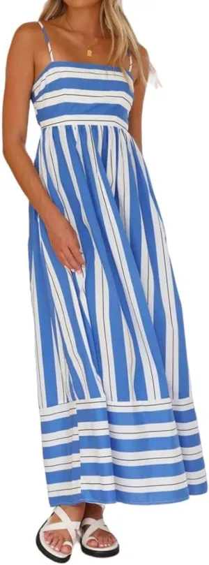 Smocked Dress Women Midi Striped Summer Maxi Dresses Sexy Spaghetti Strap Sleeveless Flowy Swing Boho Cutout Beach