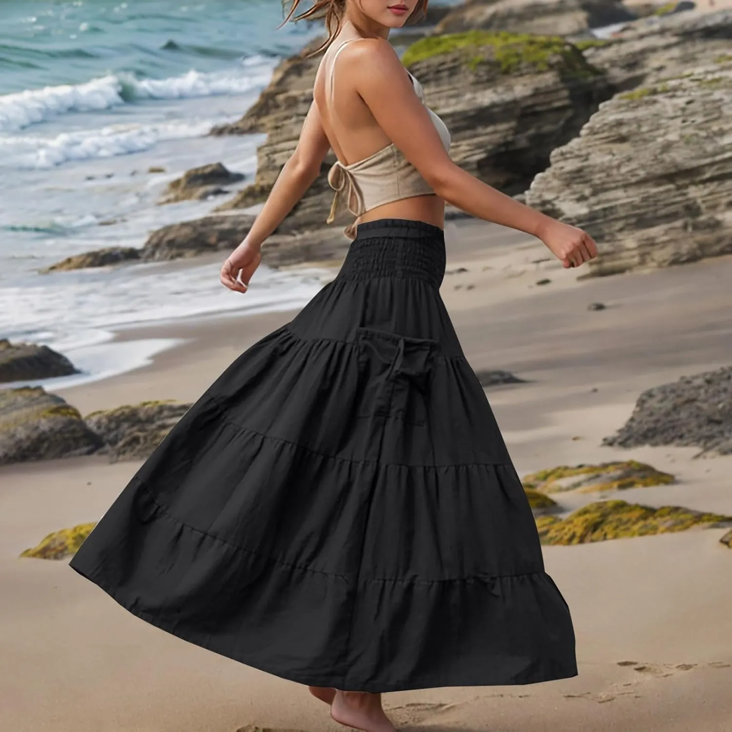 Solid Maxi Skirt for Women Elastic High Waist Swing Tiered A-line Flowy Pleated Boho Beach Vacation Long Skirts