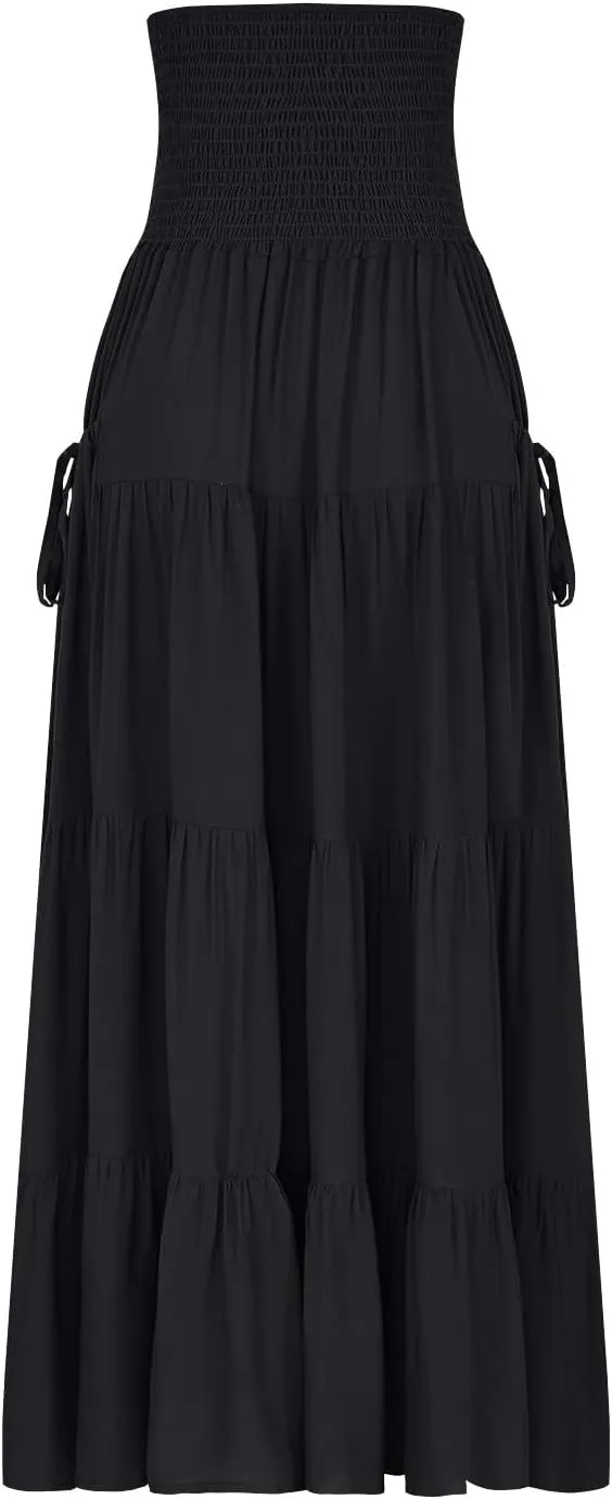 Solid Maxi Skirt for Women Elastic High Waist Swing Tiered A-line Flowy Pleated Boho Beach Vacation Long Skirts