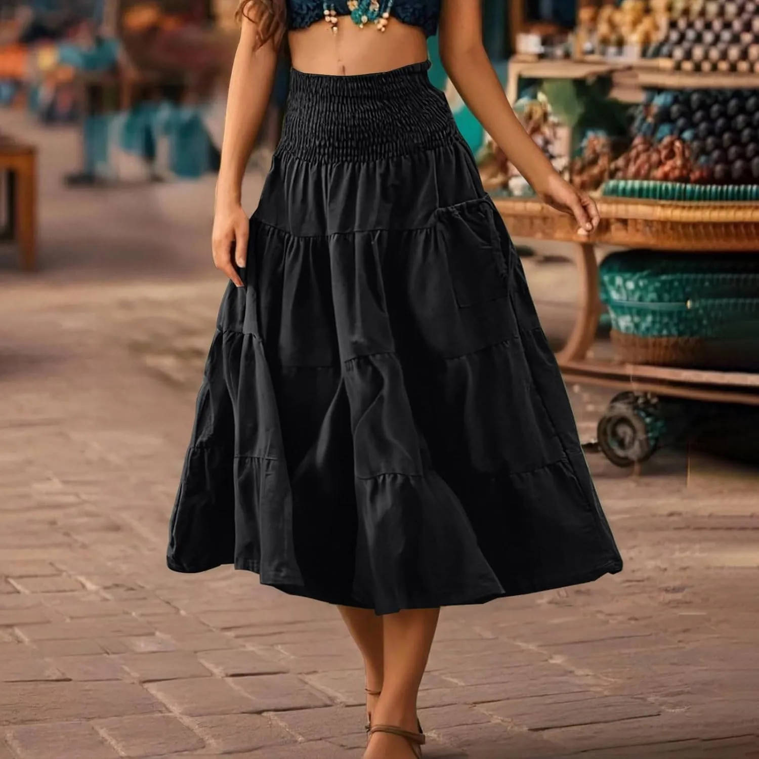 Solid Maxi Skirt for Women Elastic High Waist Swing Tiered A-line Flowy Pleated Boho Beach Vacation Long Skirts