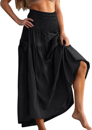 Solid Maxi Skirt for Women Elastic High Waist Swing Tiered A-line Flowy Pleated Boho Beach Vacation Long Skirts