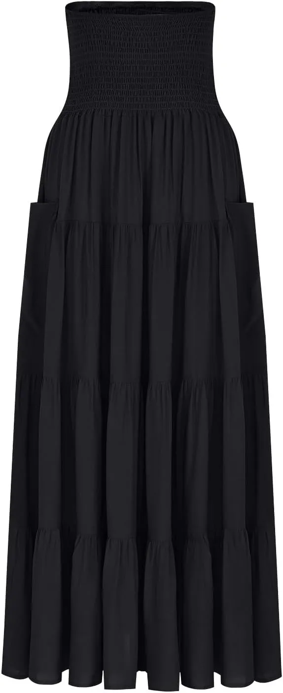 Solid Maxi Skirt for Women Elastic High Waist Swing Tiered A-line Flowy Pleated Boho Beach Vacation Long Skirts