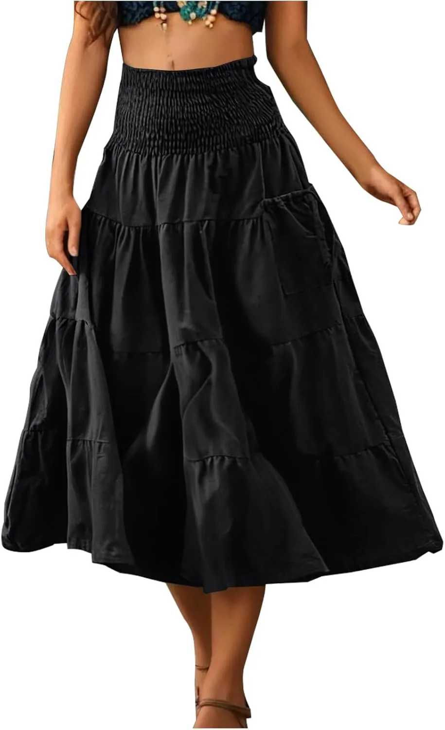 Solid Maxi Skirt for Women Elastic High Waist Swing Tiered A-line Flowy Pleated Boho Beach Vacation Long Skirts