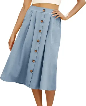 Spring Skirts for Women Summer High Elastic Waist Pleated Midi Skirt Linen Button Front A Line Skirts with Pockets