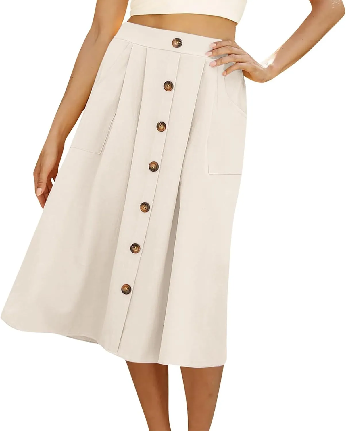 Spring Skirts for Women Summer High Elastic Waist Pleated Midi Skirt Linen Button Front A Line Skirts with Pockets