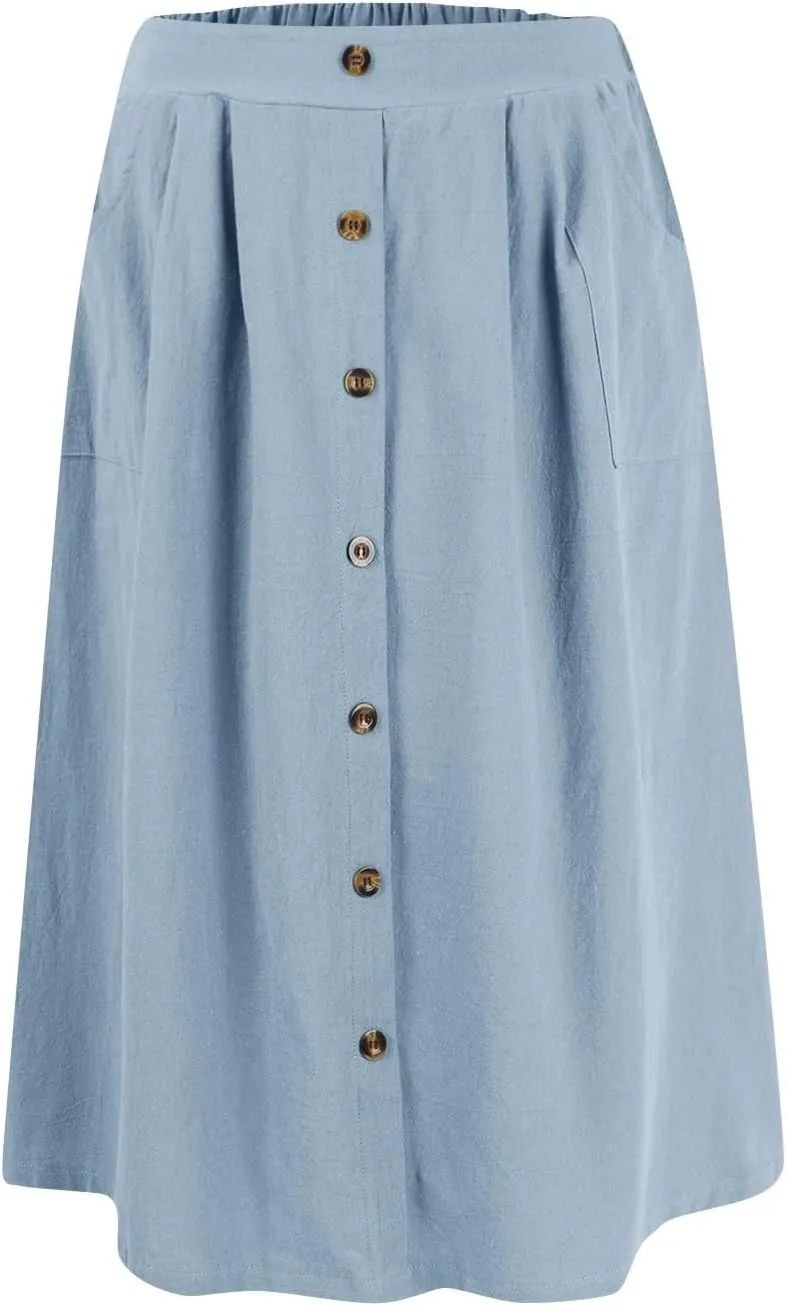 Spring Skirts for Women Summer High Elastic Waist Pleated Midi Skirt Linen Button Front A Line Skirts with Pockets