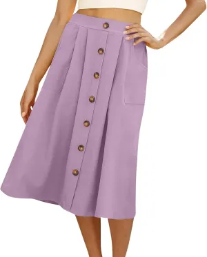 Spring Skirts for Women Summer High Elastic Waist Pleated Midi Skirt Linen Button Front A Line Skirts with Pockets