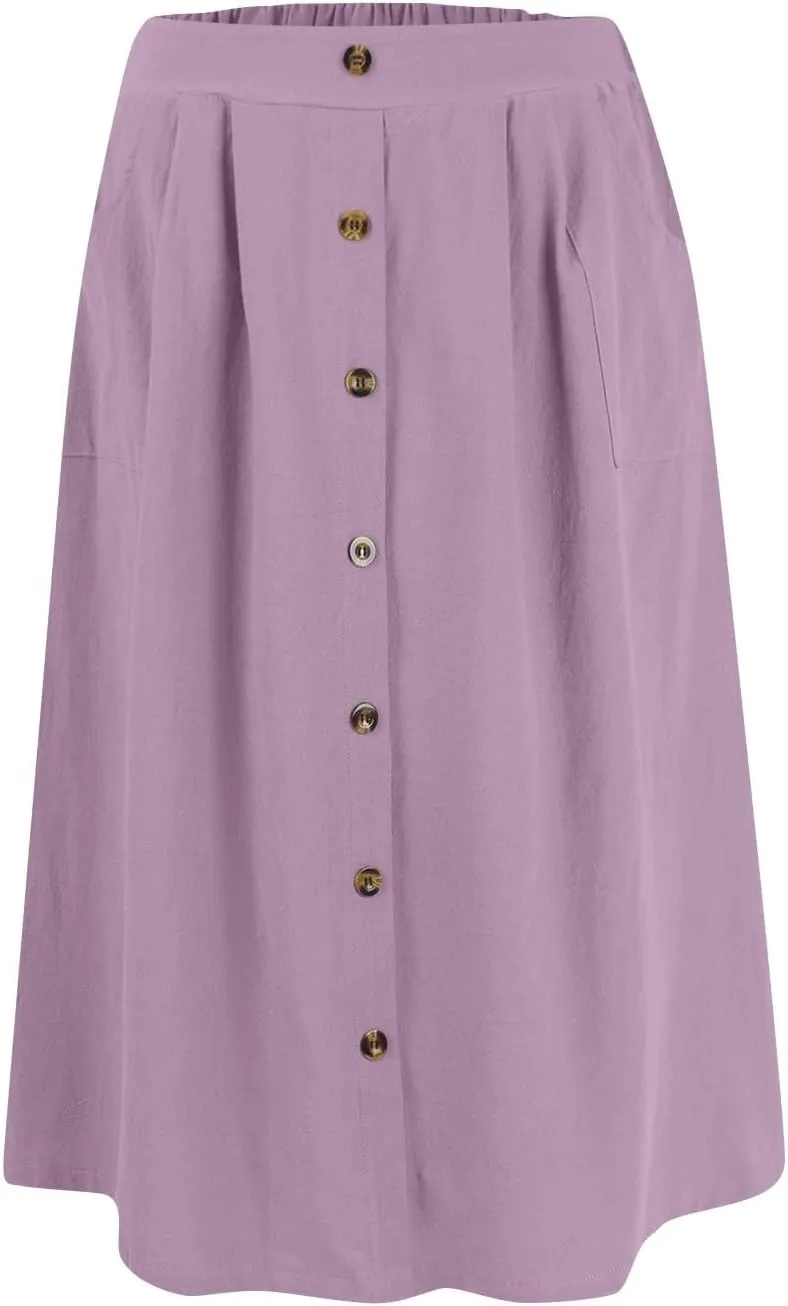 Spring Skirts for Women Summer High Elastic Waist Pleated Midi Skirt Linen Button Front A Line Skirts with Pockets