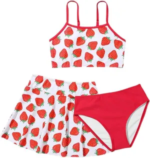 Strawberry Print Swimsuit for Girls 3 Piece Cute Quick Dry Bikini Sets Comfy Bathing Suits with Beach Skirt 5-12 Years