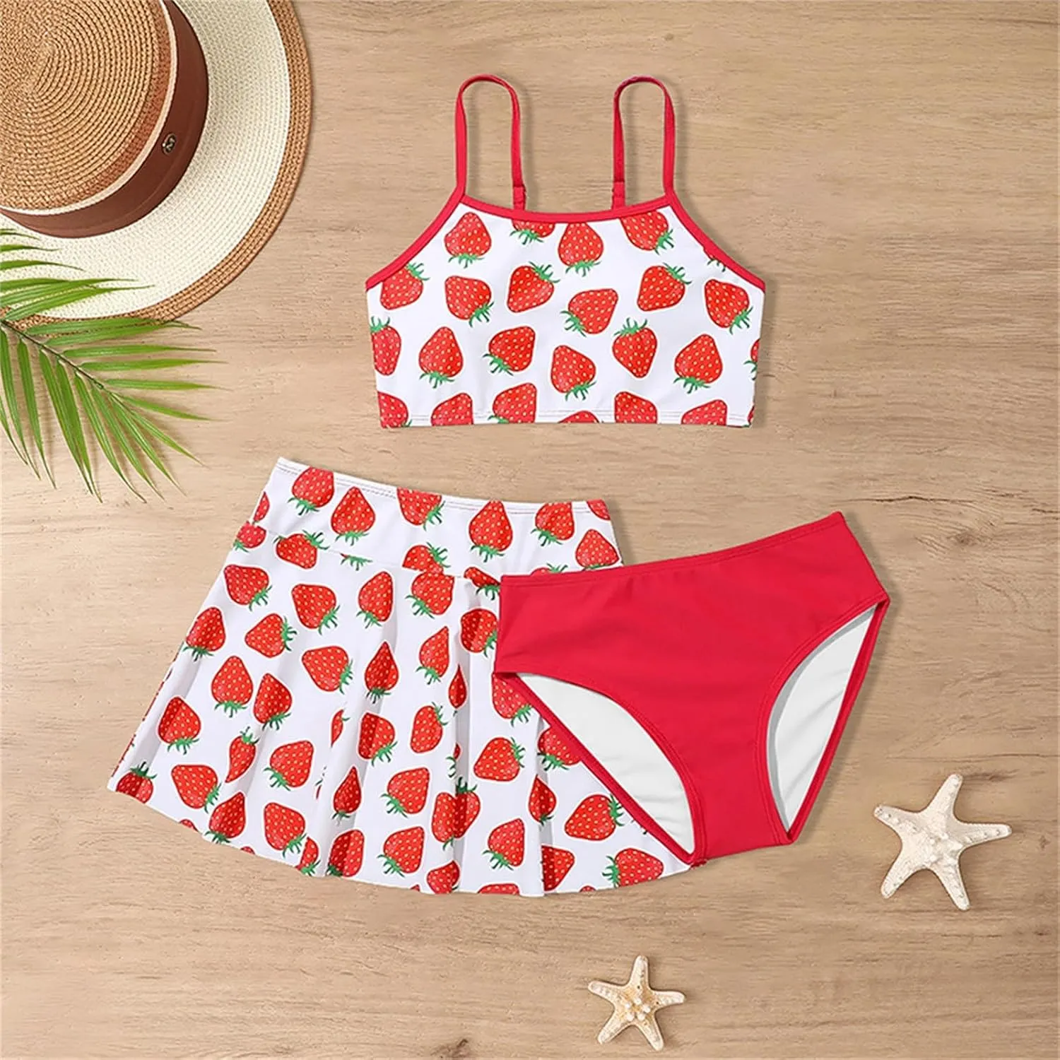 Strawberry Print Swimsuit for Girls 3 Piece Cute Quick Dry Bikini Sets Comfy Bathing Suits with Beach Skirt 5-12 Years