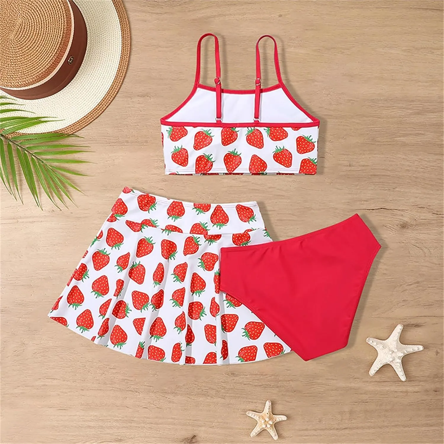 Strawberry Print Swimsuit for Girls 3 Piece Cute Quick Dry Bikini Sets Comfy Bathing Suits with Beach Skirt 5-12 Years