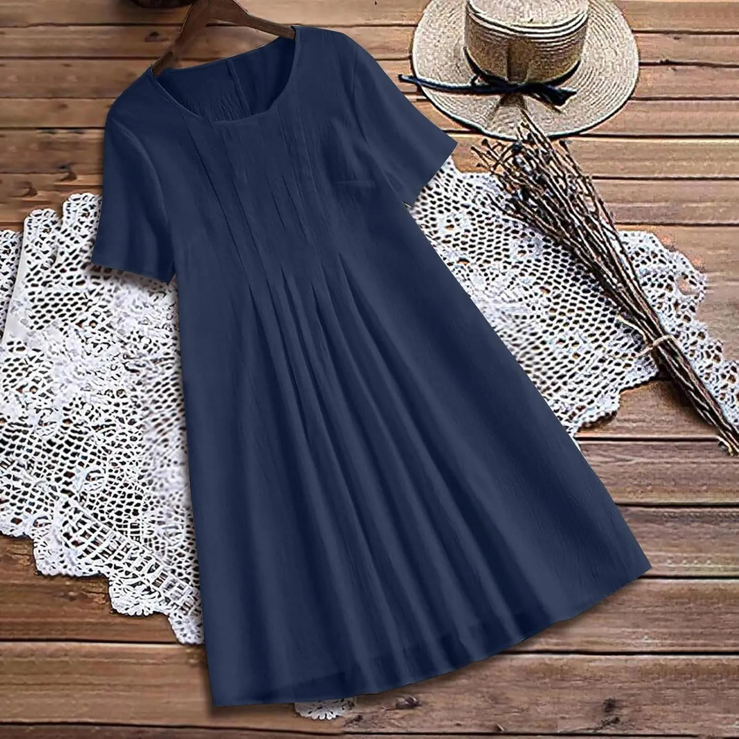Summer Cotton Linen Midi Dress for Women Round Neck Short Sleeve Trendy Casual Pleated Loose Fit Vacation Outfits