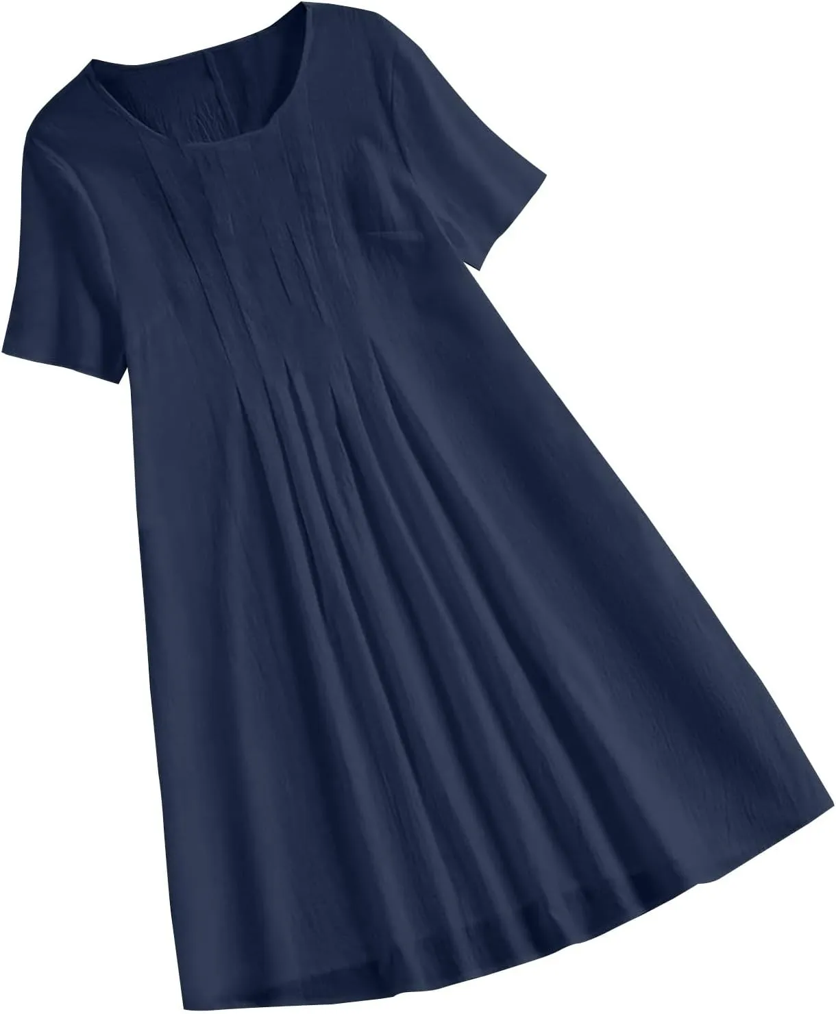 Summer Cotton Linen Midi Dress for Women Round Neck Short Sleeve Trendy Casual Pleated Loose Fit Vacation Outfits