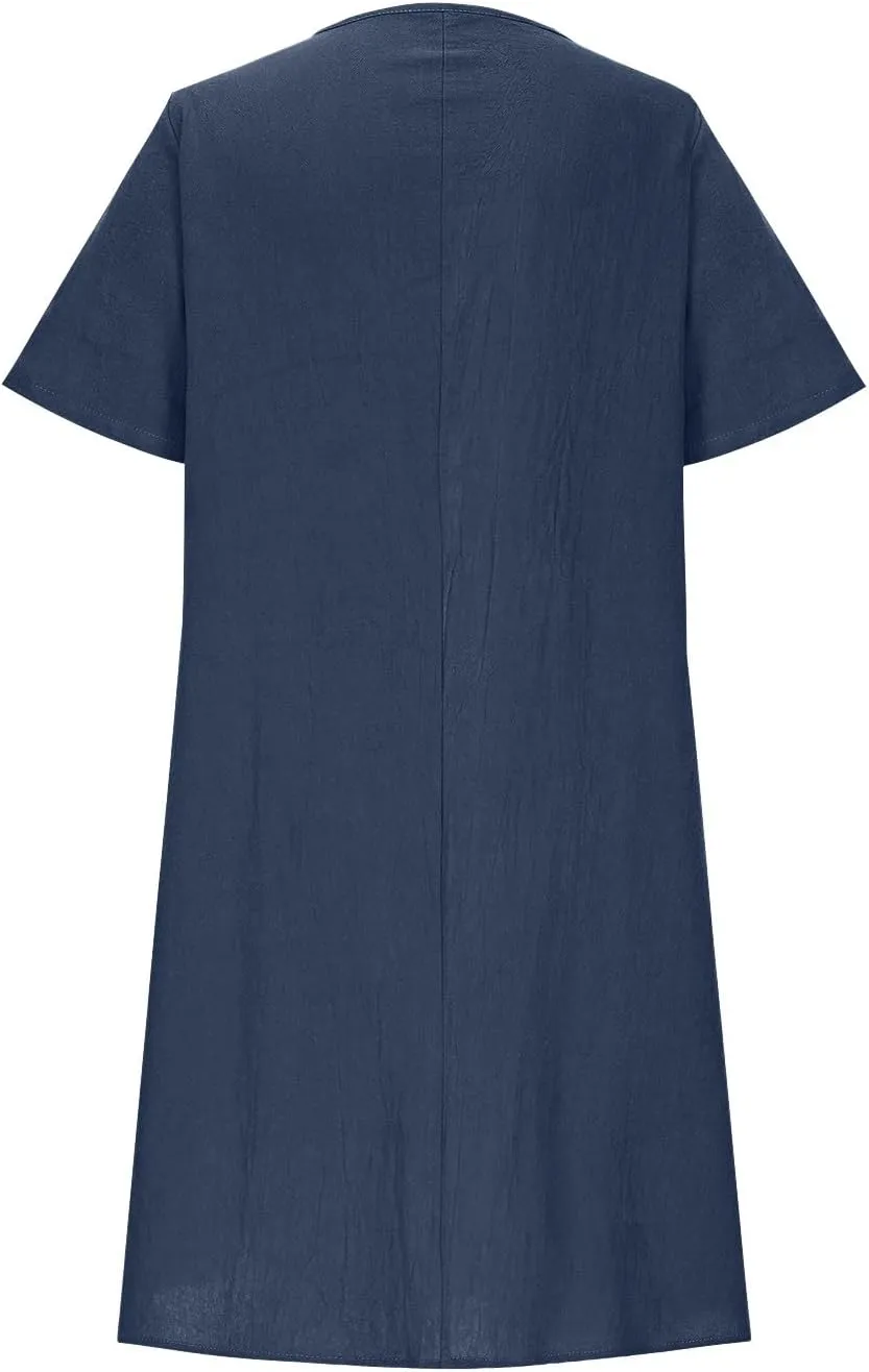 Summer Cotton Linen Midi Dress for Women Round Neck Short Sleeve Trendy Casual Pleated Loose Fit Vacation Outfits