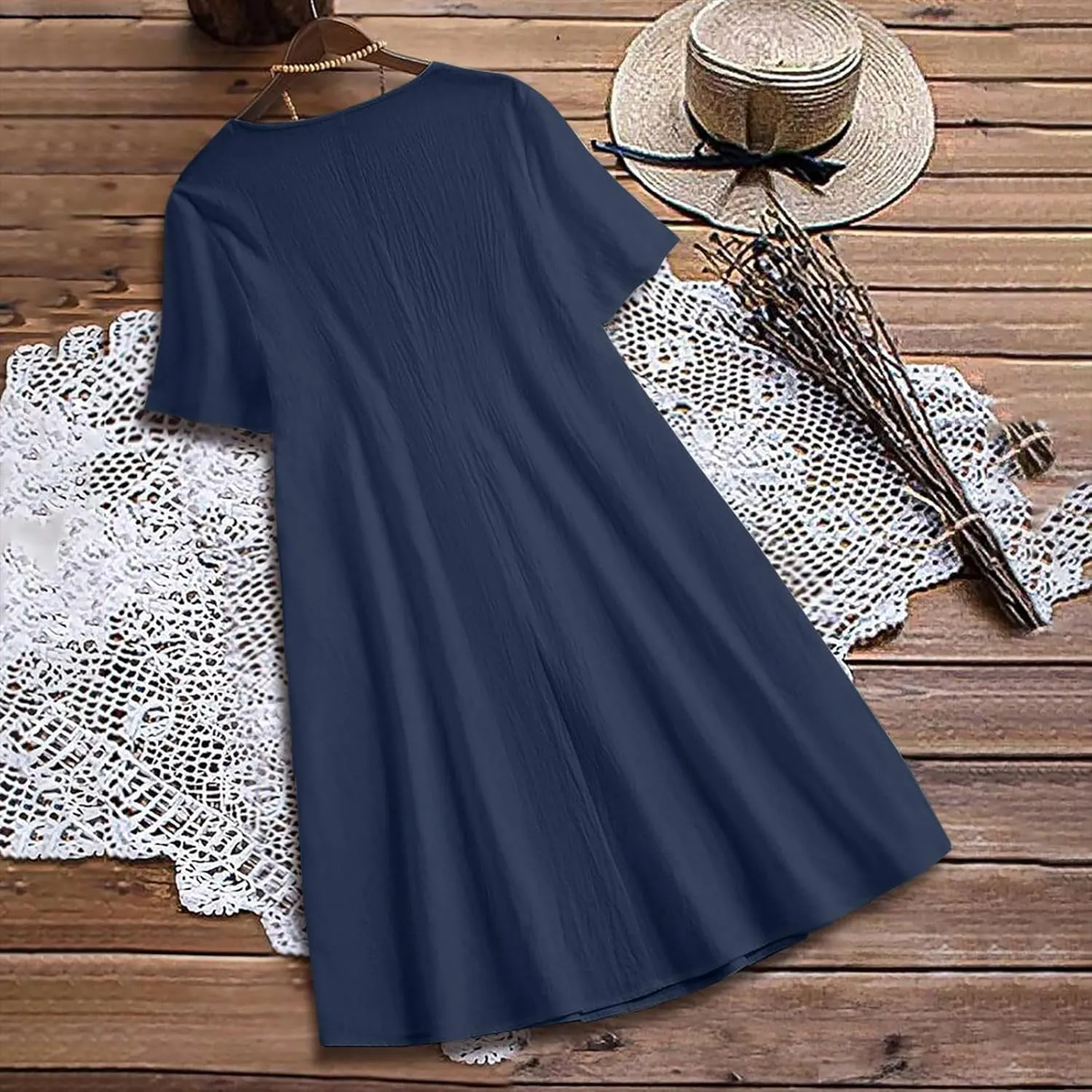Summer Cotton Linen Midi Dress for Women Round Neck Short Sleeve Trendy Casual Pleated Loose Fit Vacation Outfits