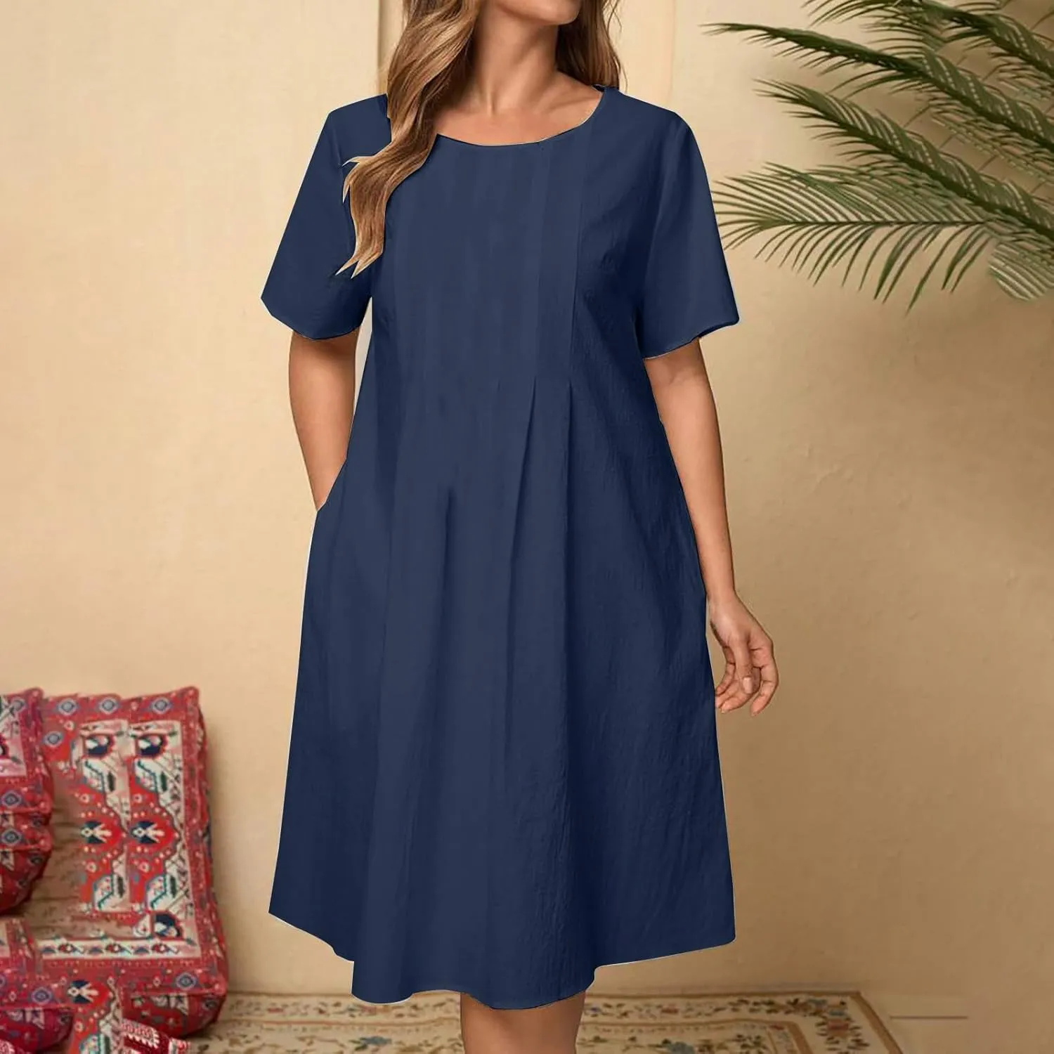 Summer Cotton Linen Midi Dress for Women Round Neck Short Sleeve Trendy Casual Pleated Loose Fit Vacation Outfits