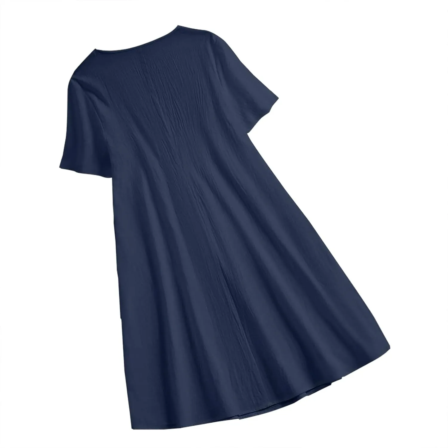Summer Cotton Linen Midi Dress for Women Round Neck Short Sleeve Trendy Casual Pleated Loose Fit Vacation Outfits