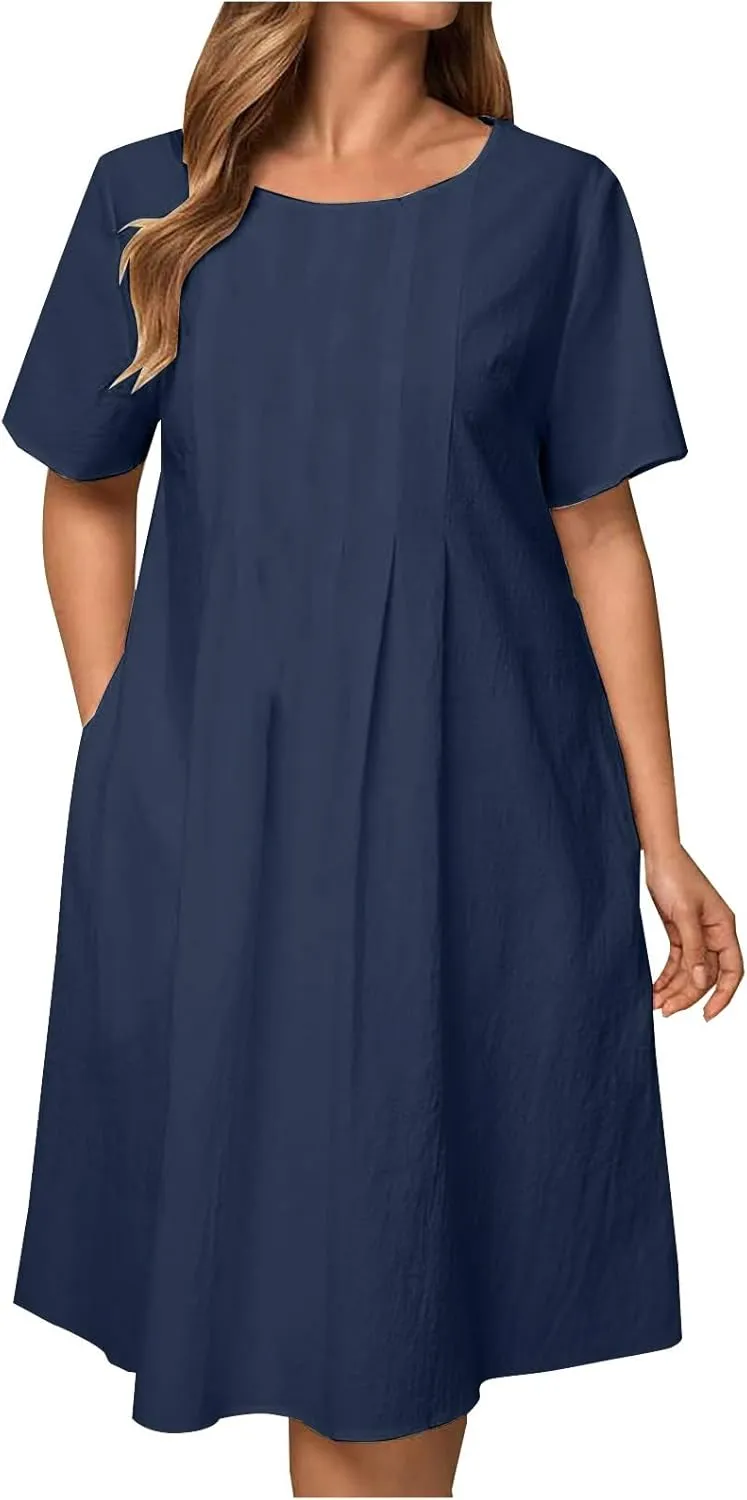 Summer Cotton Linen Midi Dress for Women Round Neck Short Sleeve Trendy Casual Pleated Loose Fit Vacation Outfits