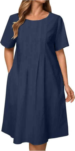 Summer Cotton Linen Midi Dress for Women Round Neck Short Sleeve Trendy Casual Pleated Loose Fit Vacation Outfits