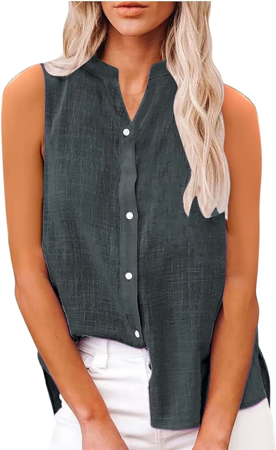 Summer Linen Top for Women Sleeveless Collared Shirt V Neck Loose Going Out Tee Vacation Beach Tunic Casual Blouse