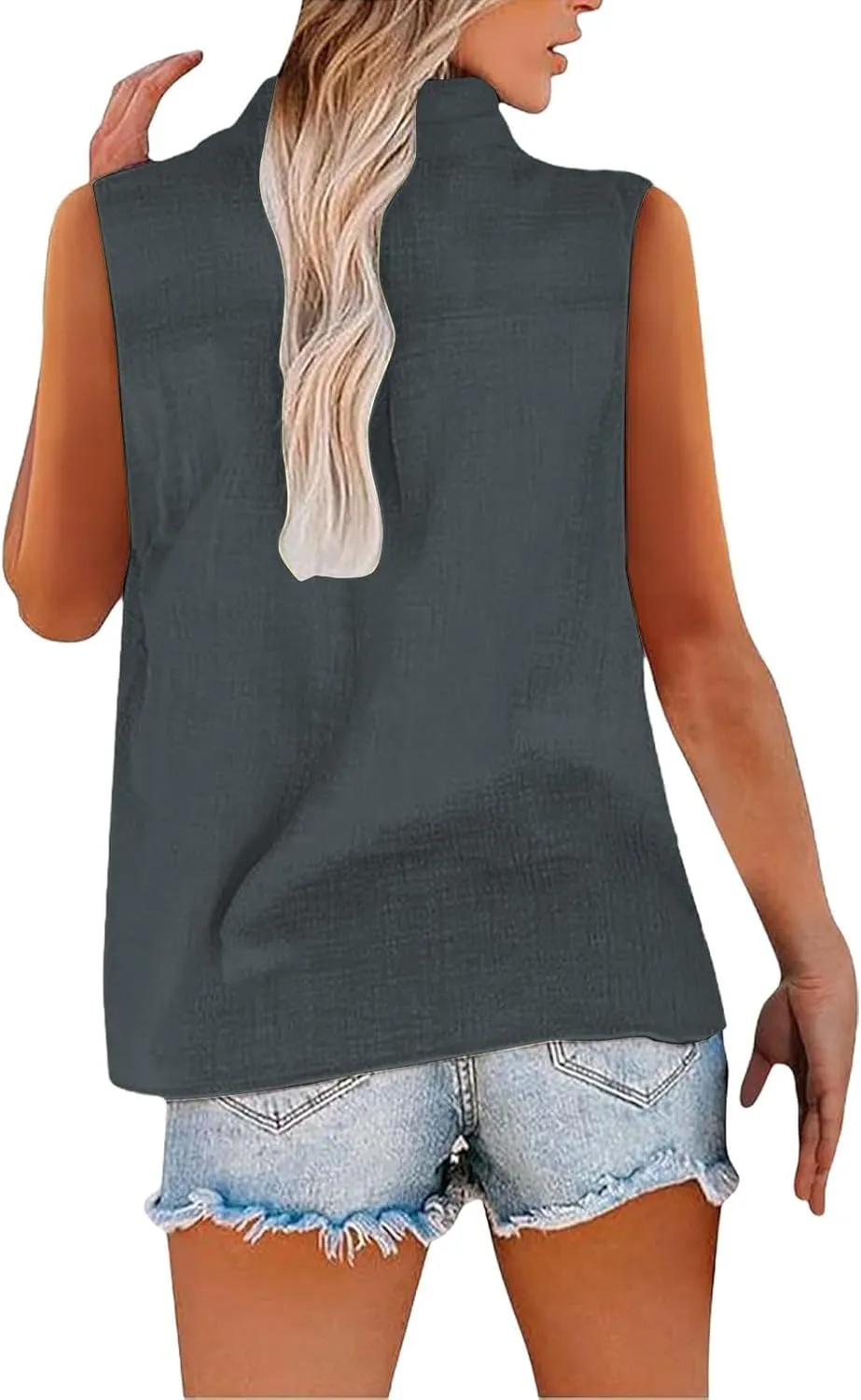 Summer Linen Top for Women Sleeveless Collared Shirt V Neck Loose Going Out Tee Vacation Beach Tunic Casual Blouse