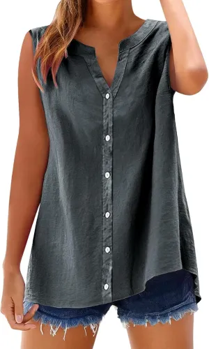 Summer Linen Top for Women Sleeveless Collared Shirt V Neck Loose Going Out Tee Vacation Beach Tunic Casual Blouse