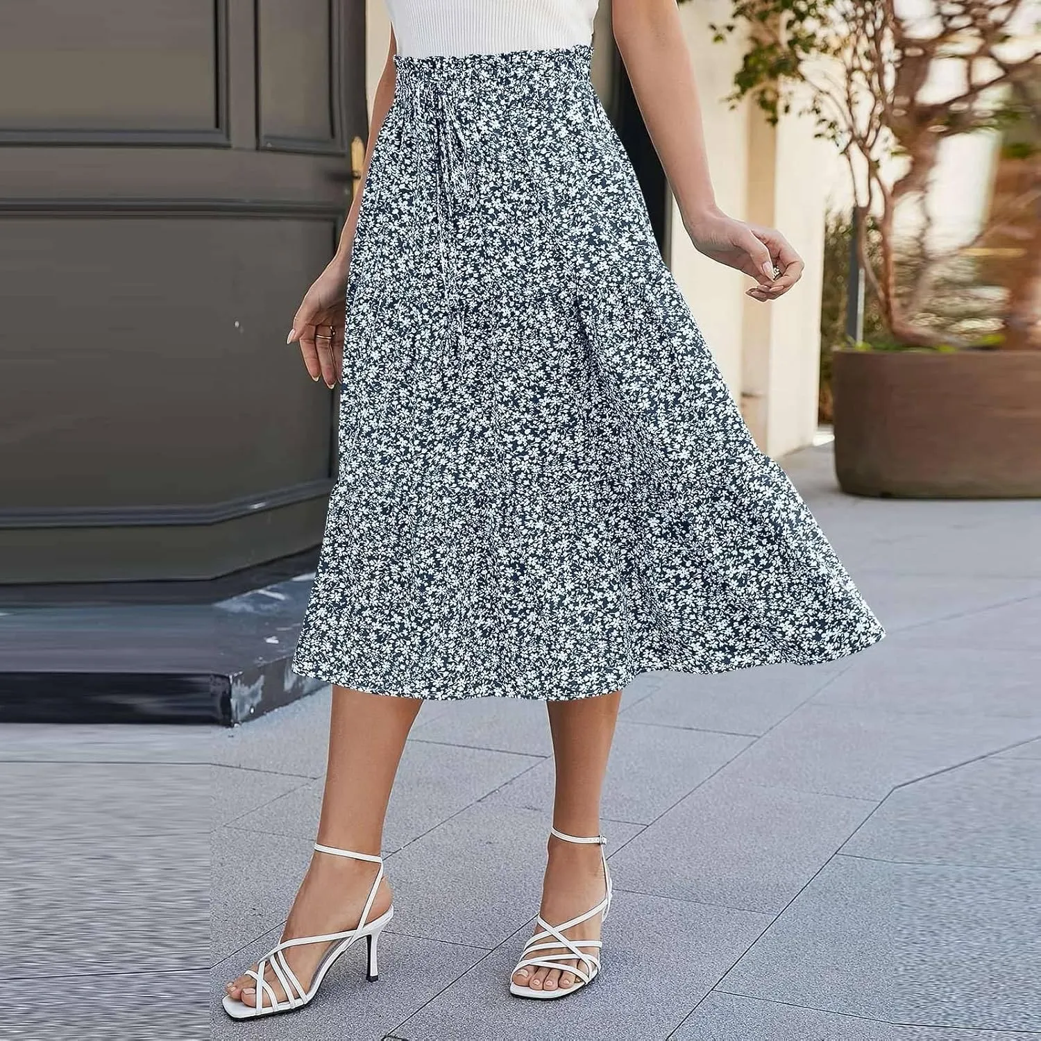 Summer Skirt for Women Comfy Tiered Elastic High Waisted Pleated Skirts Vacation A-Line Flowy Swing Long Skirts