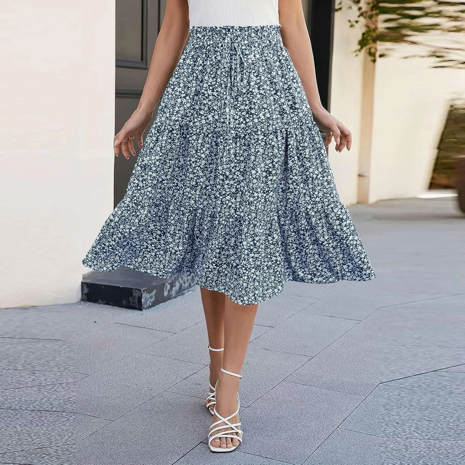 Summer Skirt for Women Comfy Tiered Elastic High Waisted Pleated Skirts Vacation A-Line Flowy Swing Long Skirts