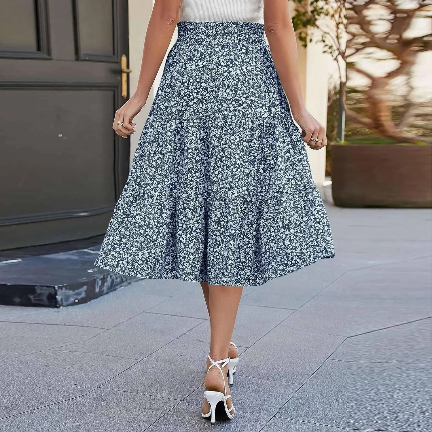 Summer Skirt for Women Comfy Tiered Elastic High Waisted Pleated Skirts Vacation A-Line Flowy Swing Long Skirts