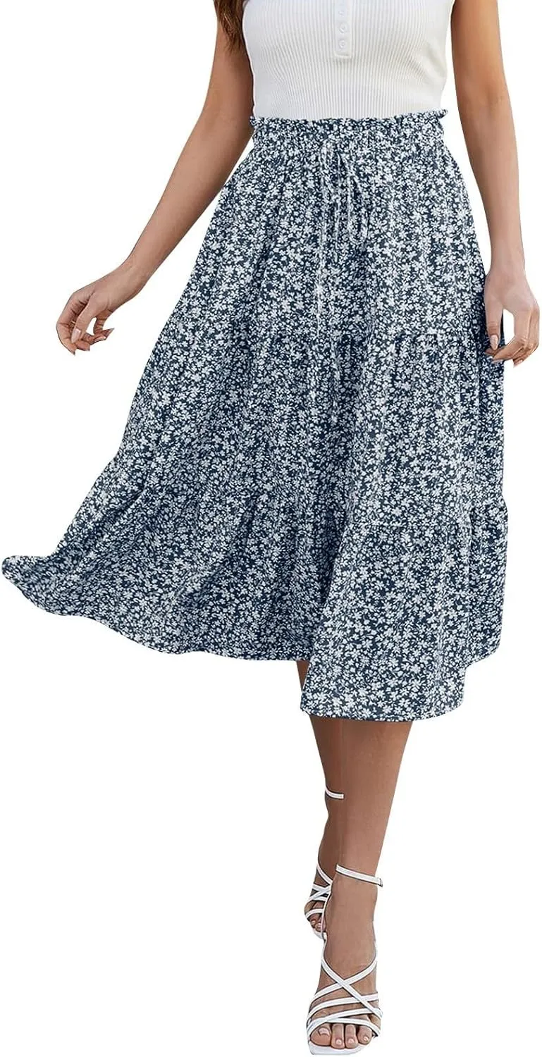 Summer Skirt for Women Comfy Tiered Elastic High Waisted Pleated Skirts Vacation A-Line Flowy Swing Long Skirts