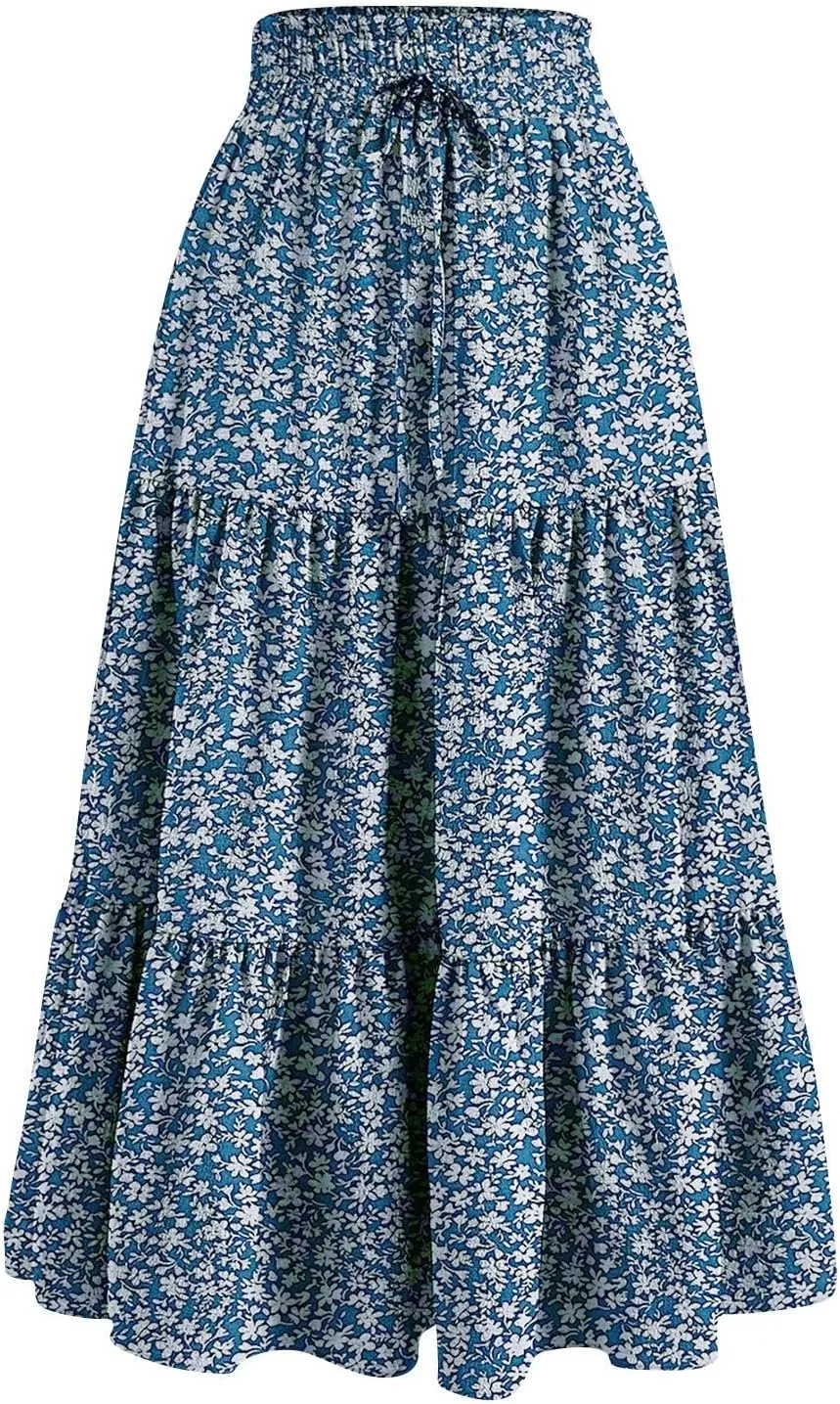 Summer Skirt for Women Comfy Tiered Elastic High Waisted Pleated Skirts Vacation A-Line Flowy Swing Long Skirts