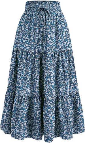 Summer Skirt for Women Comfy Tiered Elastic High Waisted Pleated Skirts Vacation A-Line Flowy Swing Long Skirts