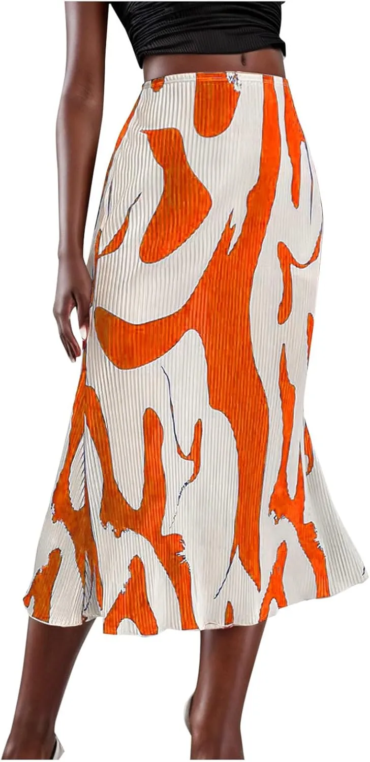 Summer Skirts for Women Midi Length Elegant High Waisted Flared Ruffle Casual Lightweight Long Skirt
