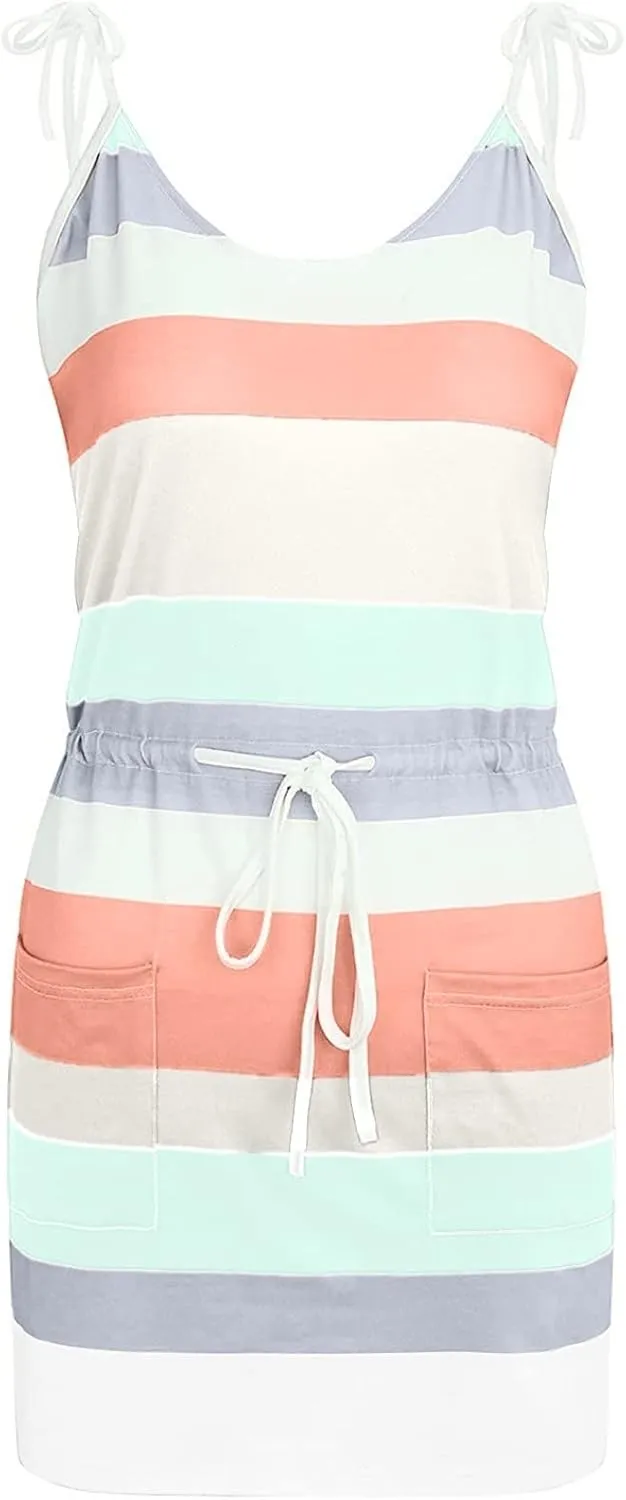 Sundresses for Women 2024 Summer Dresses Boho Casual Sling Sleeveless Striped Contrast Beach Mini graduation Dress
