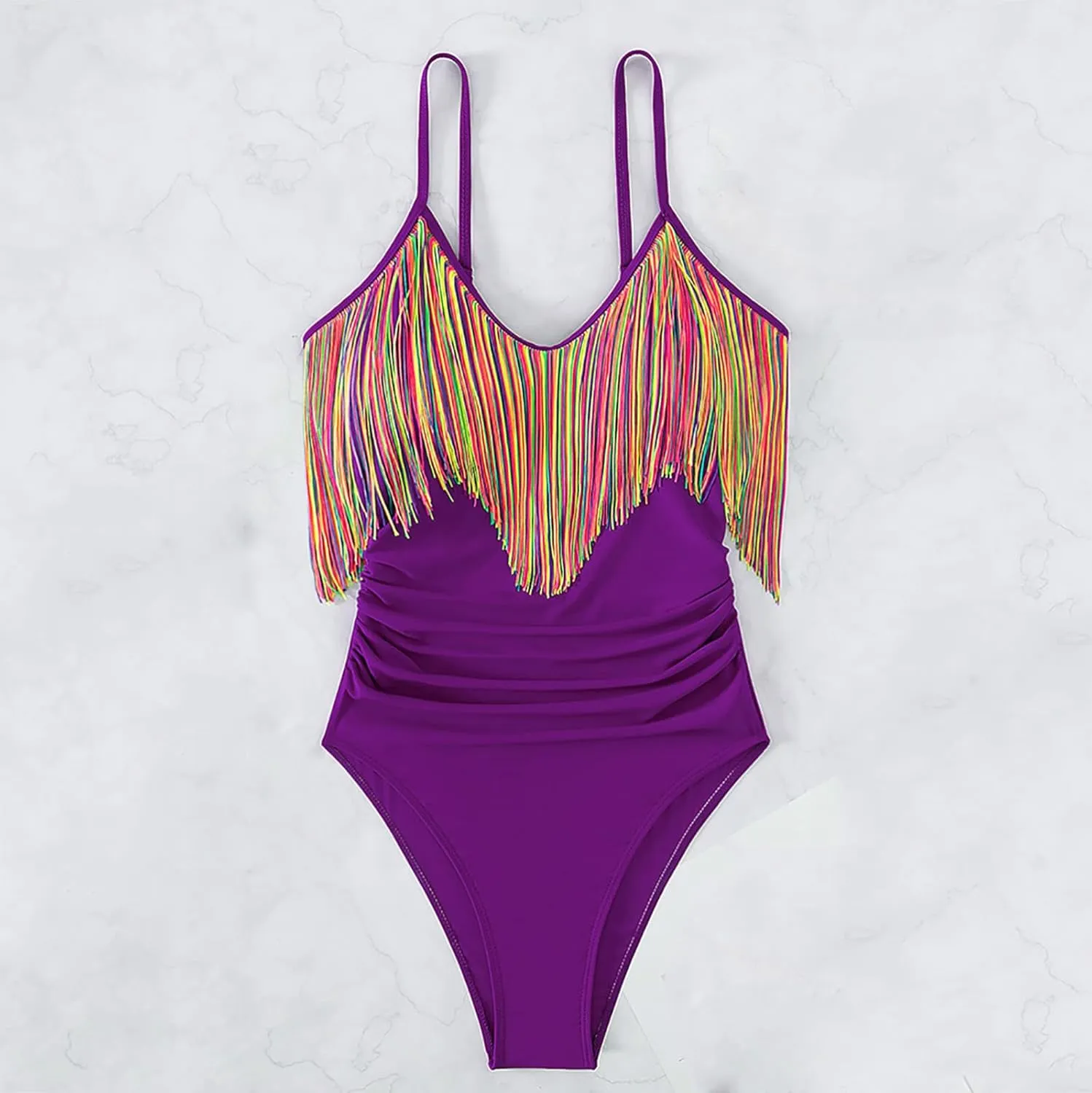 Tassel One Piece Swimsuits Women Scoop Neck High Cut Sexy Bathing Suits Tummy Control Backless Slimming Swimwear