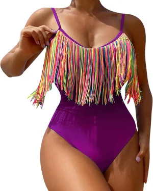 Tassel One Piece Swimsuits Women Scoop Neck High Cut Sexy Bathing Suits Tummy Control Backless Slimming Swimwear