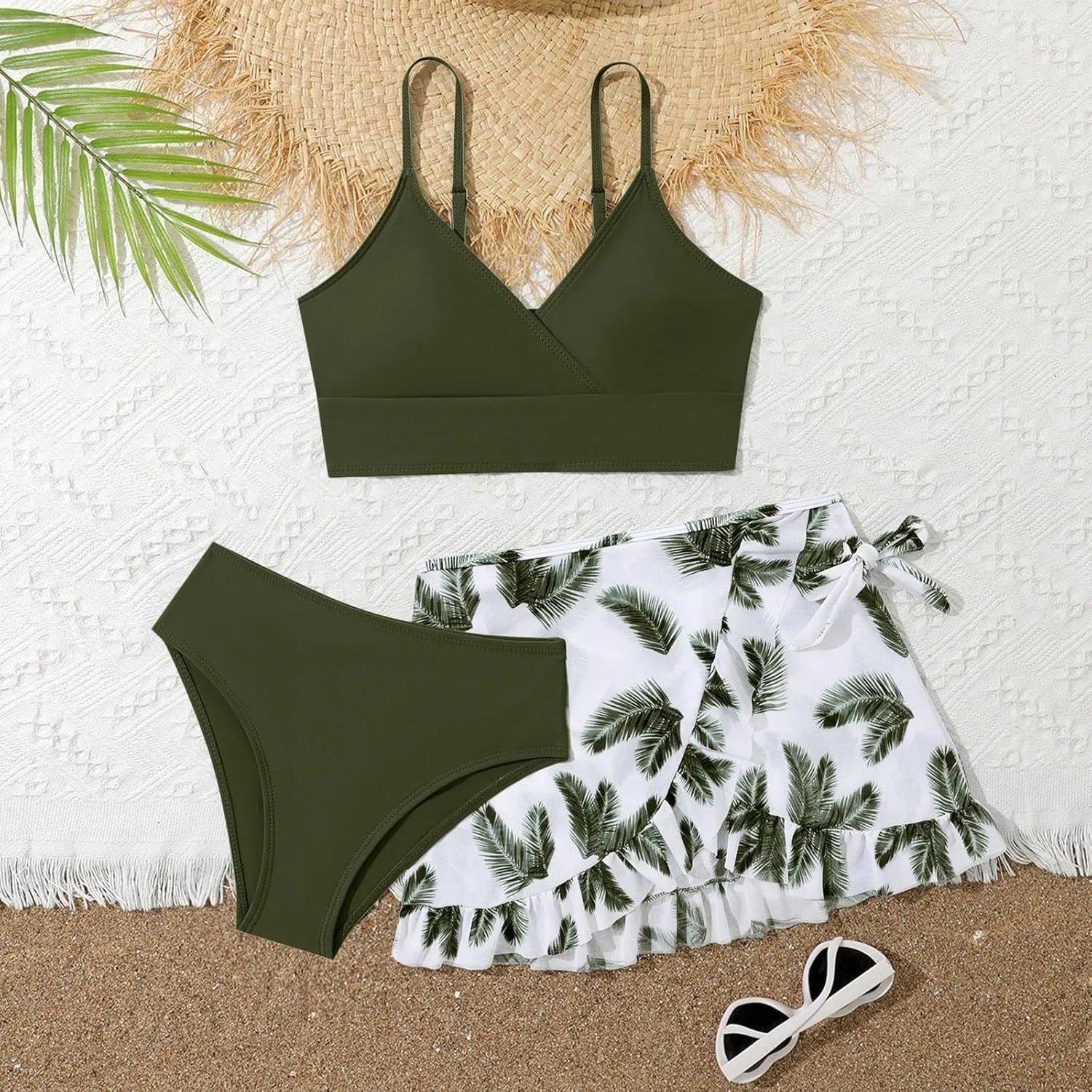 Teens Girls Flower Swimsuit 3 Piece Bathing Suits Cute Quick Dry Bikini Sets with Swim Skirt Beachwear Preppy Clothes