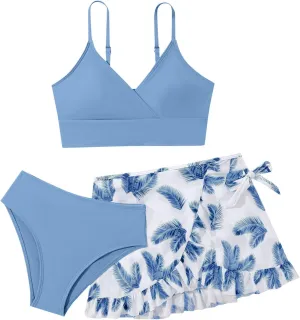 Teens Girls Flower Swimsuit 3 Piece Bathing Suits Cute Quick Dry Bikini Sets with Swim Skirt Beachwear Preppy Clothes